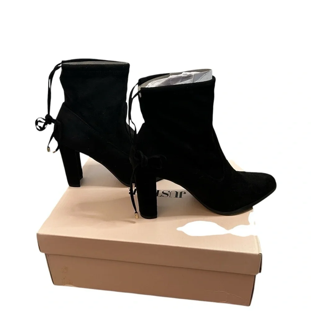 JustFab Black Fabric Raine Booties 3.25” Heel Women’s Sz 6.5 New with Box